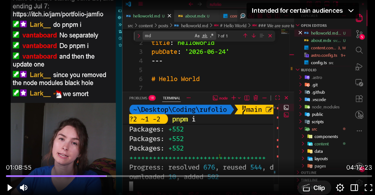 A screenshot of Rufio on stream, with chat displayed, as well as a terminal where she is downloading the pnpm package.